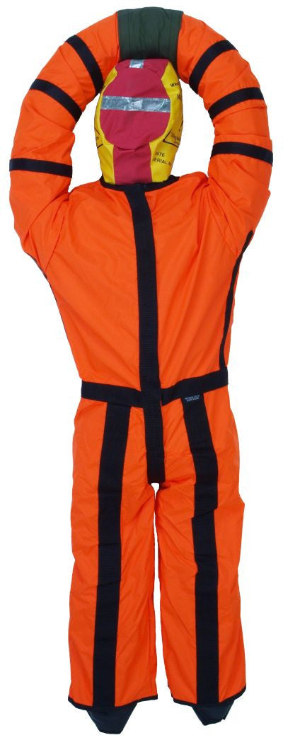 Surf Rescue Training Manikin with aloft arms and bright orange overalls