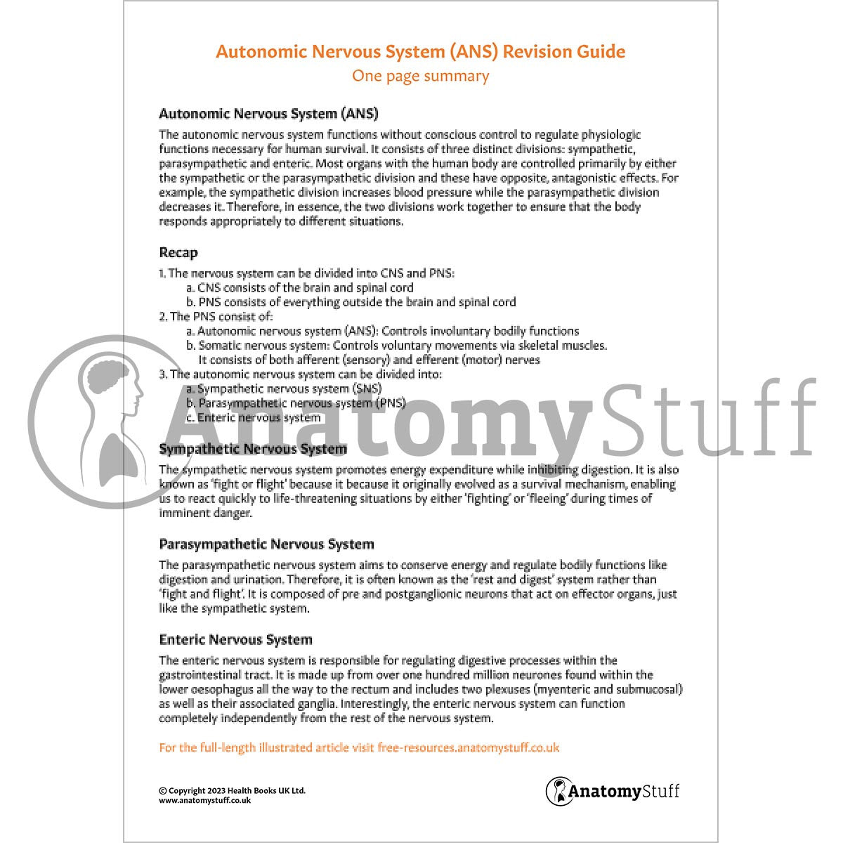 Autonomic Nervous System Revision Guide (One Page Summary)