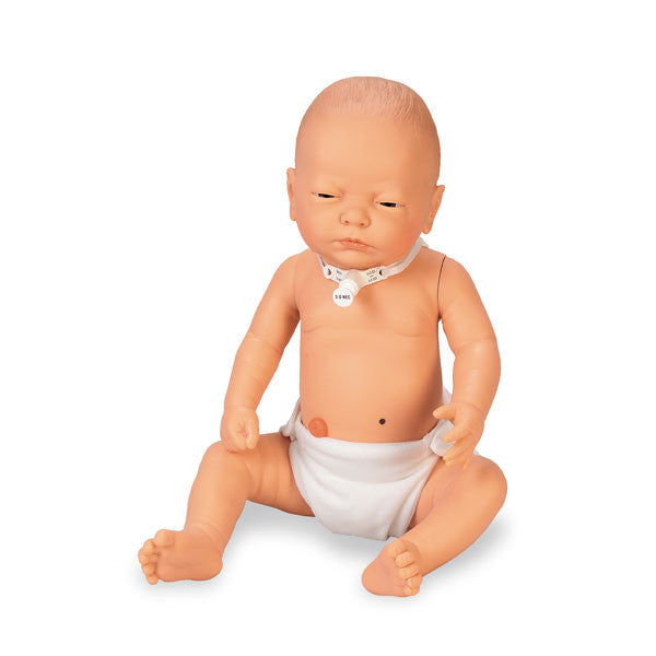 Sitting Special Needs Infant Simulator with a white skin tone