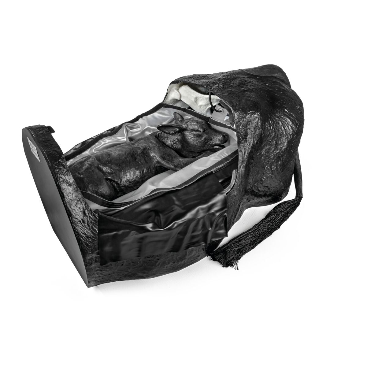 1025506 Bovine Compact Dystocia Simulator Black open view from top with calf